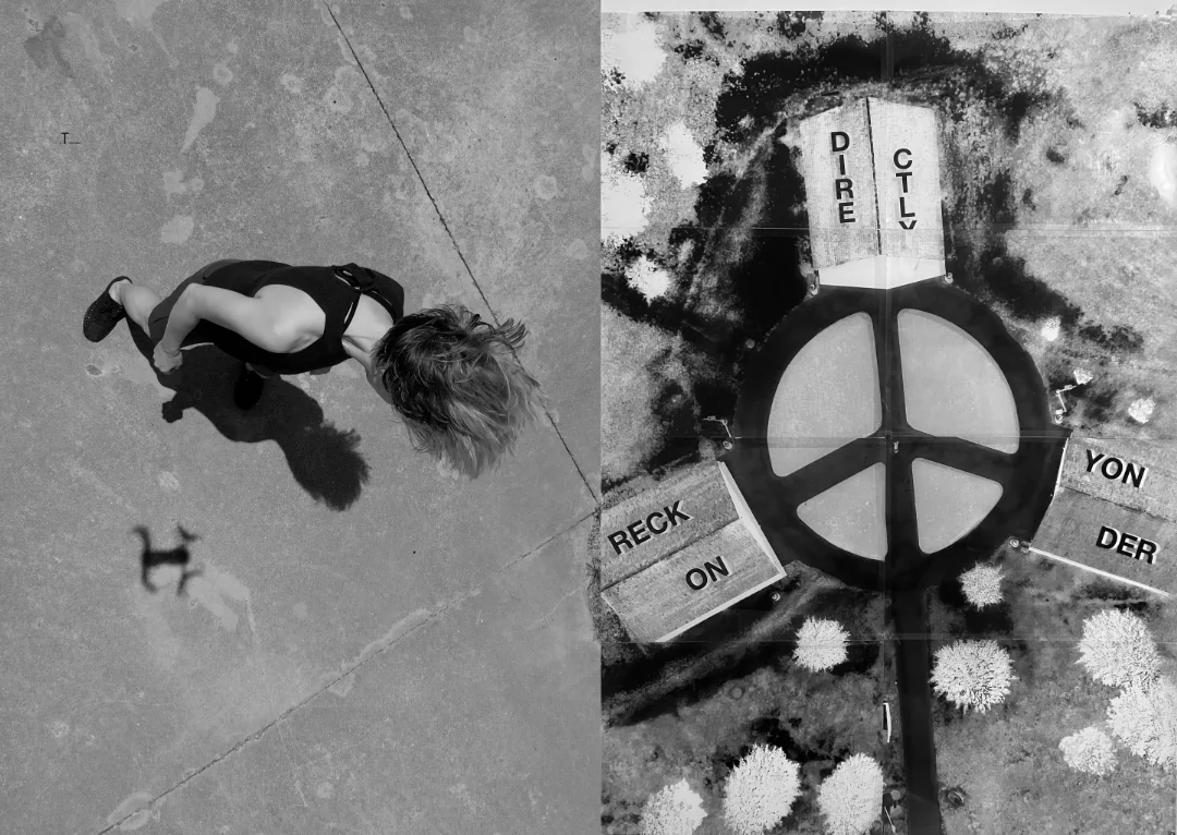 Two aerial stills from Southern Devices: Ash Eliza Smith dances near a drone’s shadow, and a wider view shows the peace-sign paths of Optimist Park.